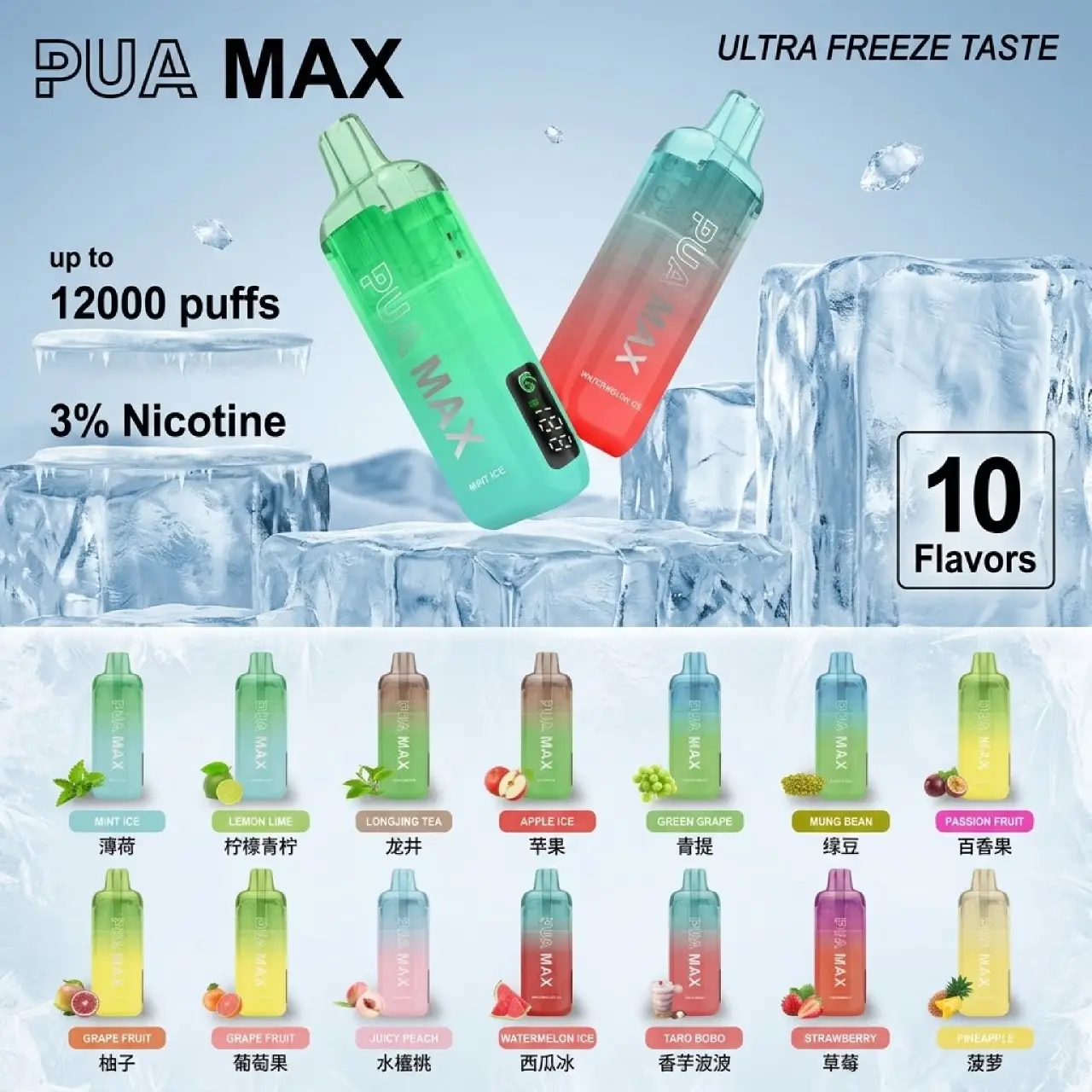 PUA MAX 一次性【12000口】官方正品 智能数显屏 14种口味任选 3%尼古丁盐